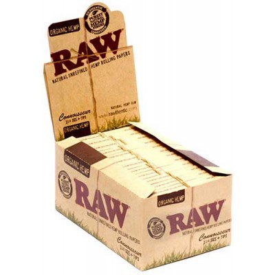 RAW CONNOISSEUR 1 1/4+TIP ORGANIC CIGARETTE ROLLING PAPERS 24CT/PACK